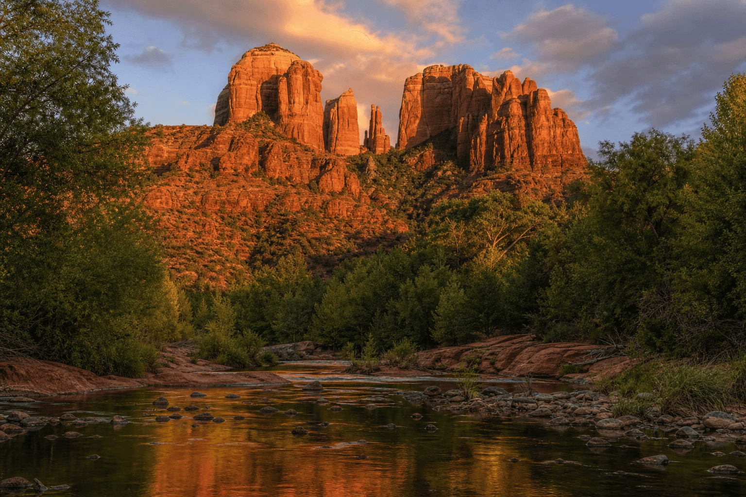 Sedona Arizona Cathedral Rock reflected in Oak Creek at golden hour