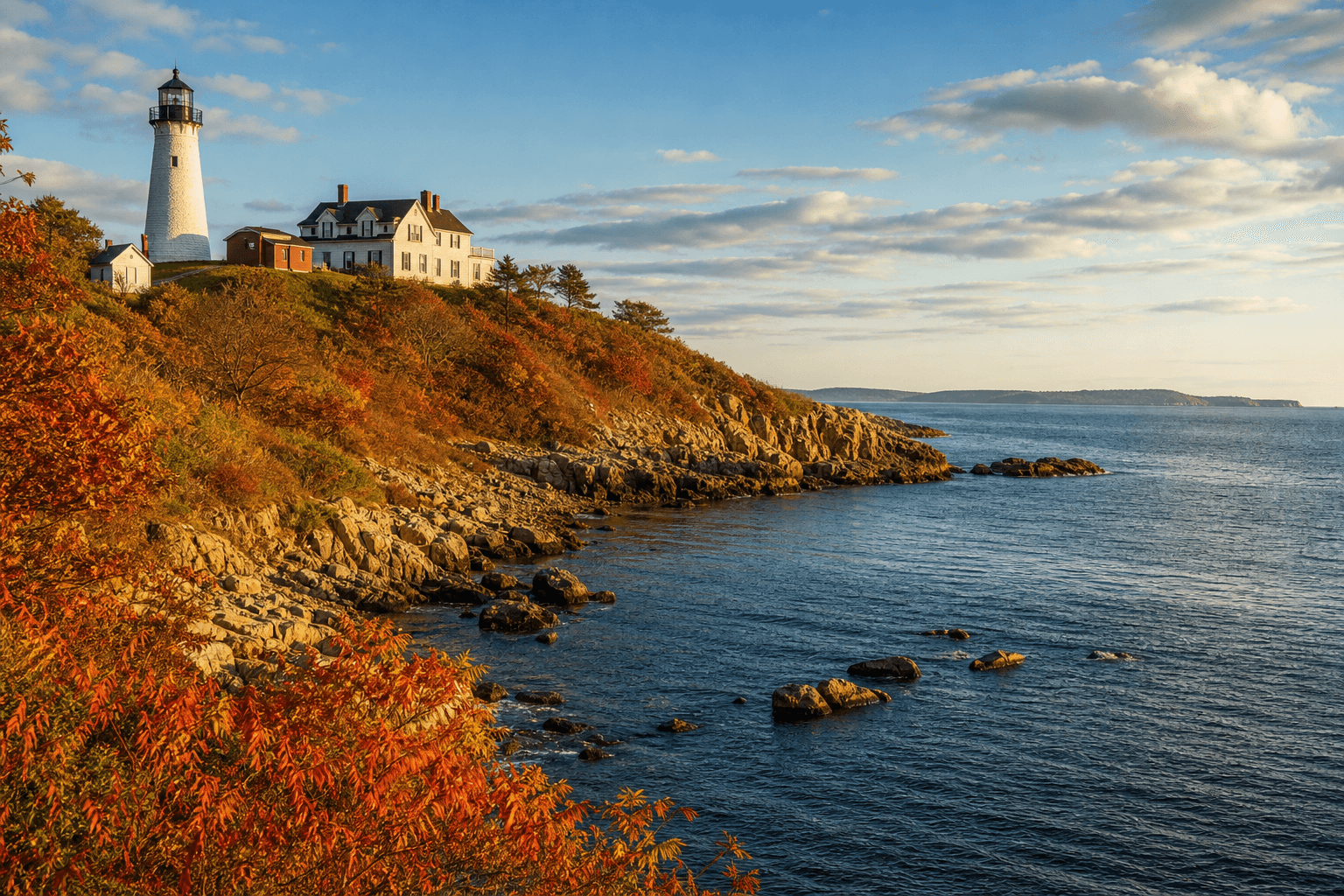 Connecticut New England coastline in autumn with lighthouse and vibrant fall foliage