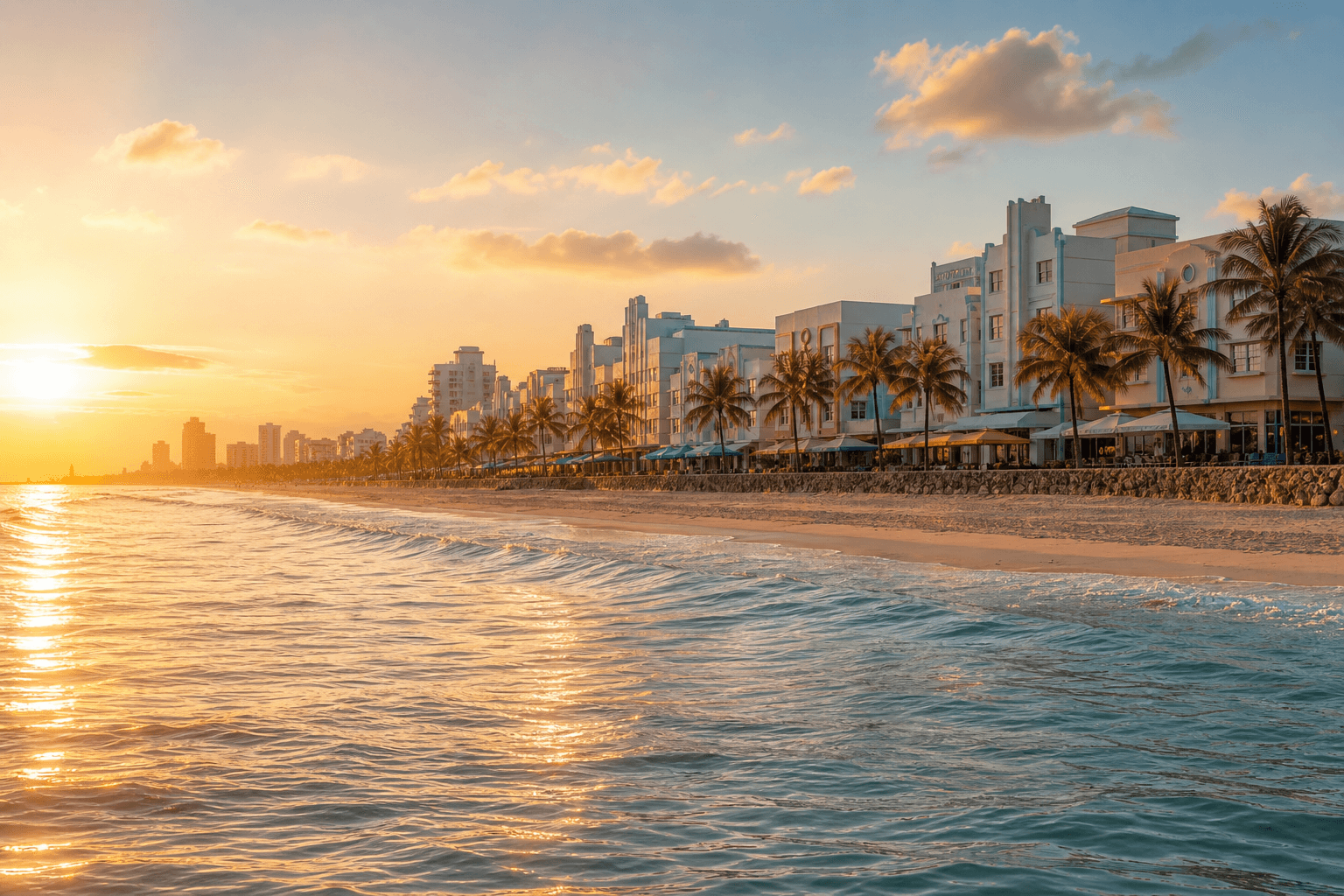 Miami South Beach at sunrise with golden light on the Atlantic Ocean
