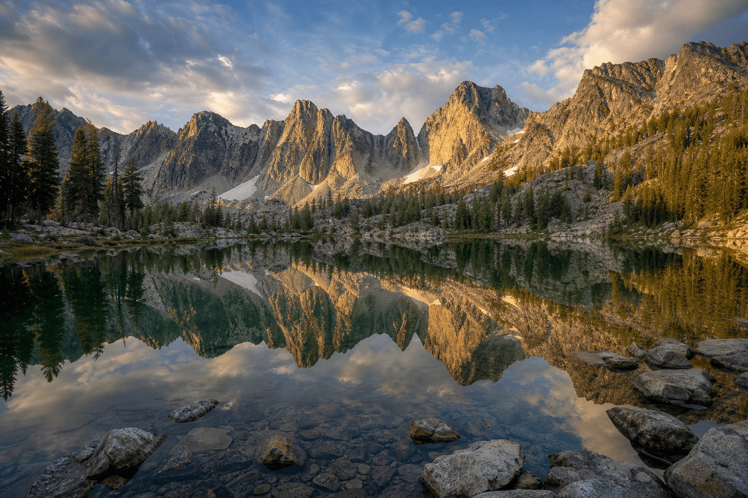 Idaho Sawtooth Mountains reflected in a glacial alpine lake at golden hour