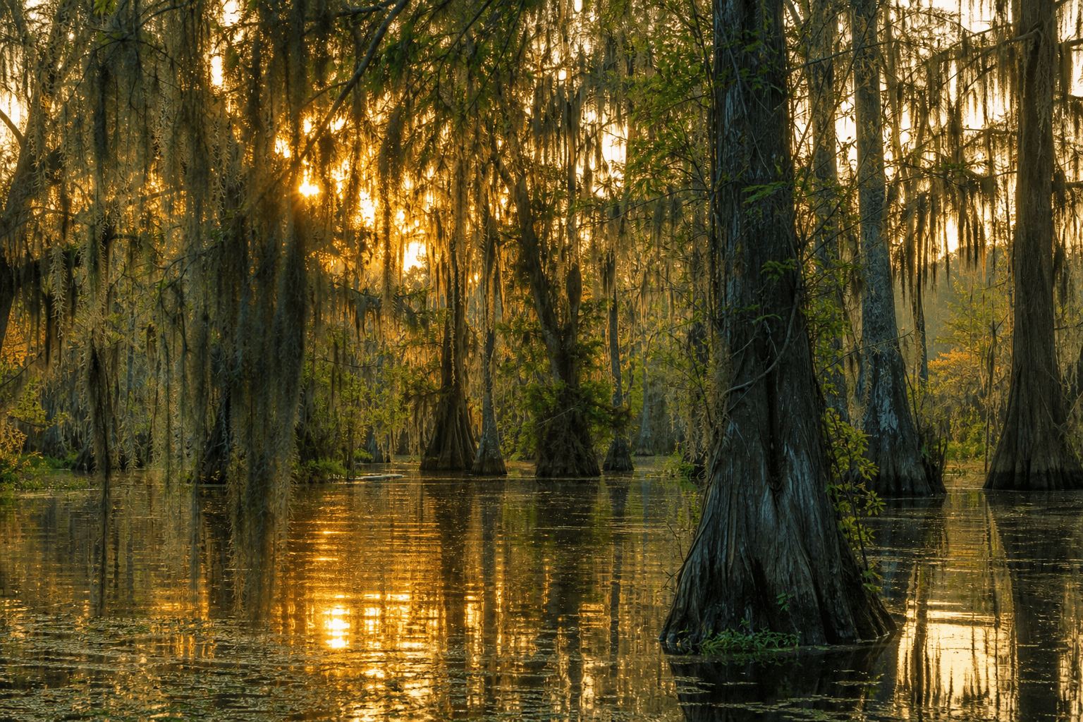 Louisiana bayou at golden hour with cypress trees draped in Spanish moss
