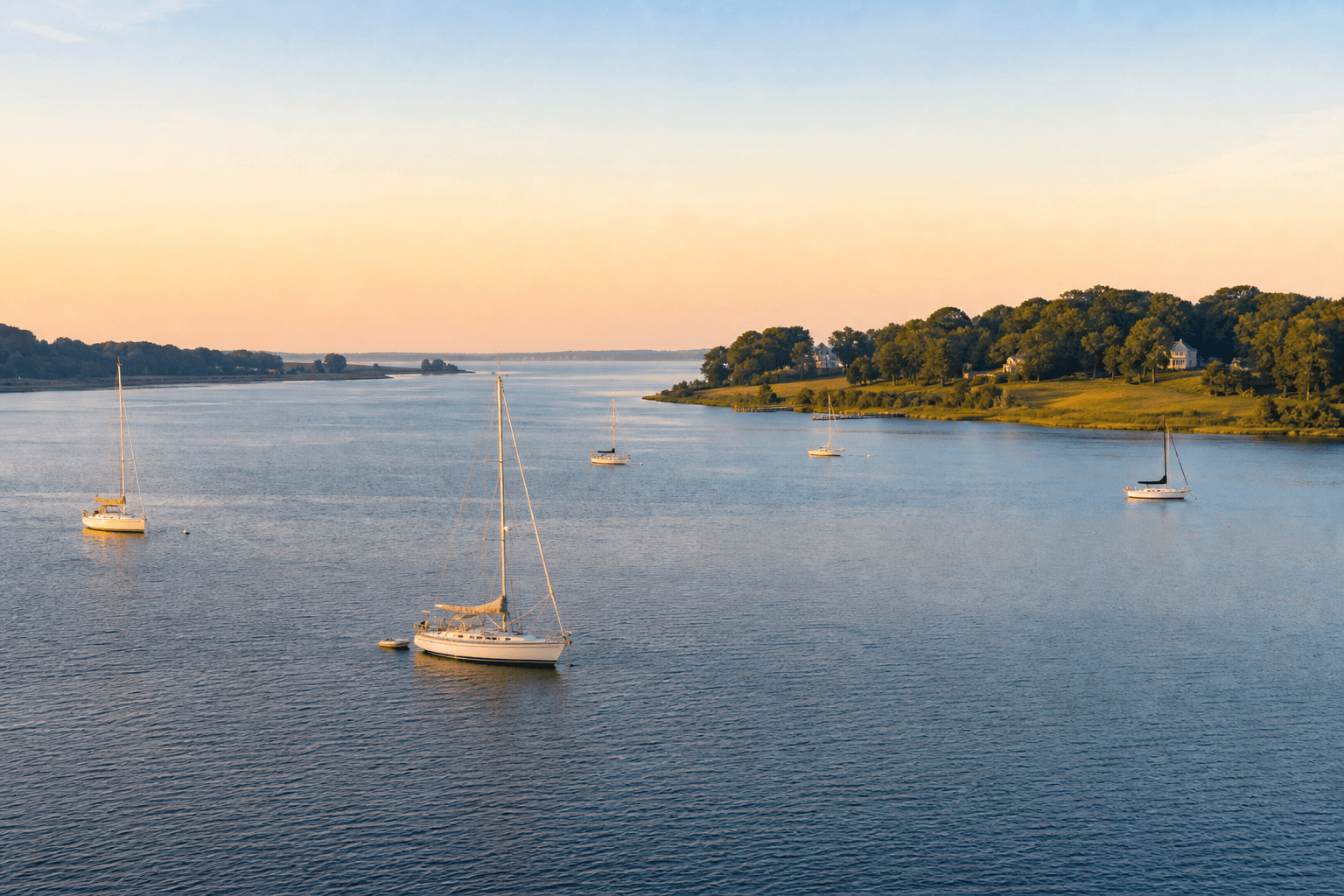 Chesapeake Bay at sunrise with sailboats on calm water and green Maryland shoreline