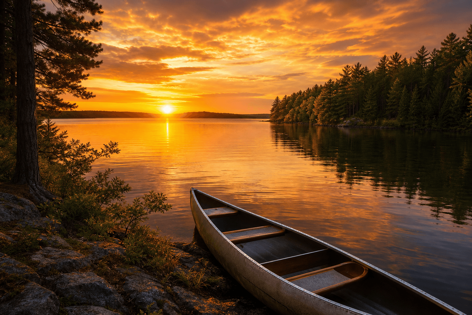 Minnesota lake district at golden sunset with a canoe on a glassy pine-framed lake