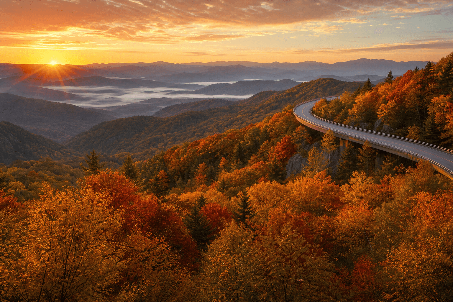 Blue Ridge Parkway in North Carolina at autumn sunrise with vibrant fall foliage