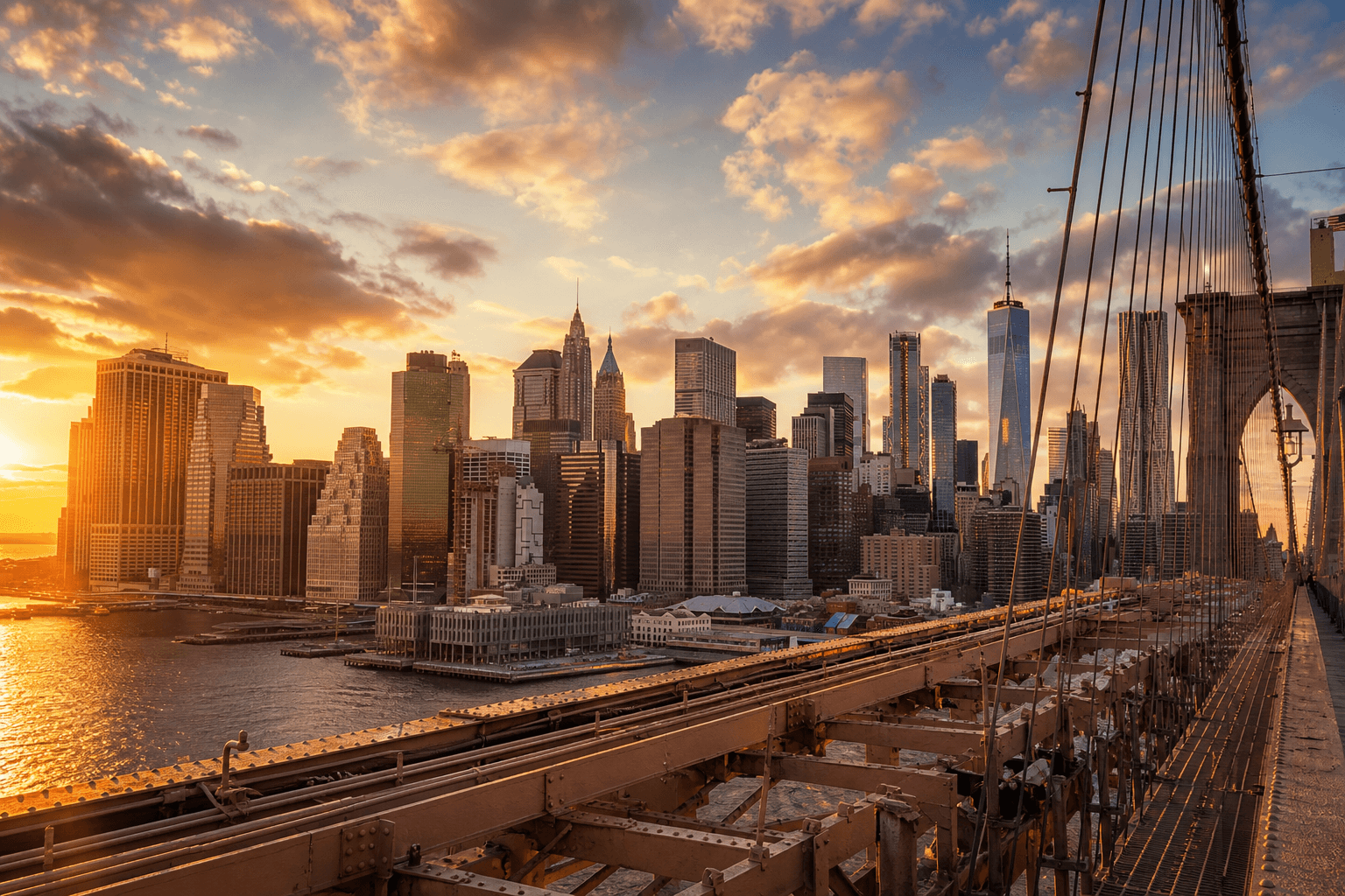 New York City skyline at golden hour viewed from the Brooklyn Bridge