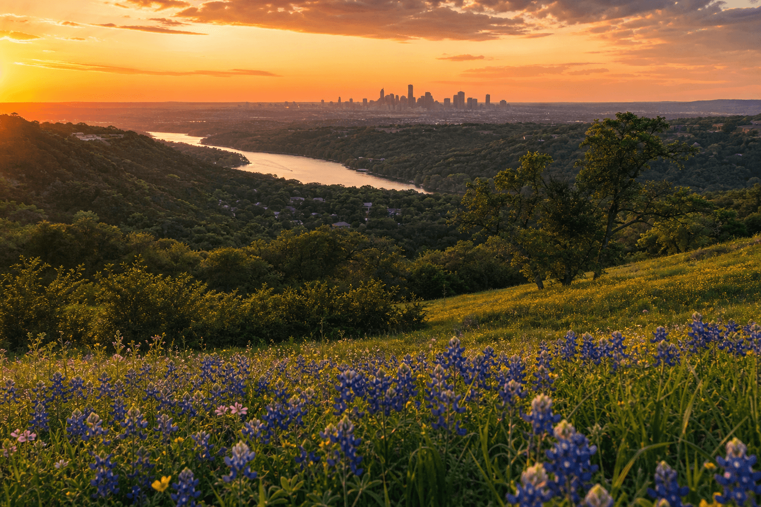 Texas Hill Country at golden hour with Austin skyline in distance