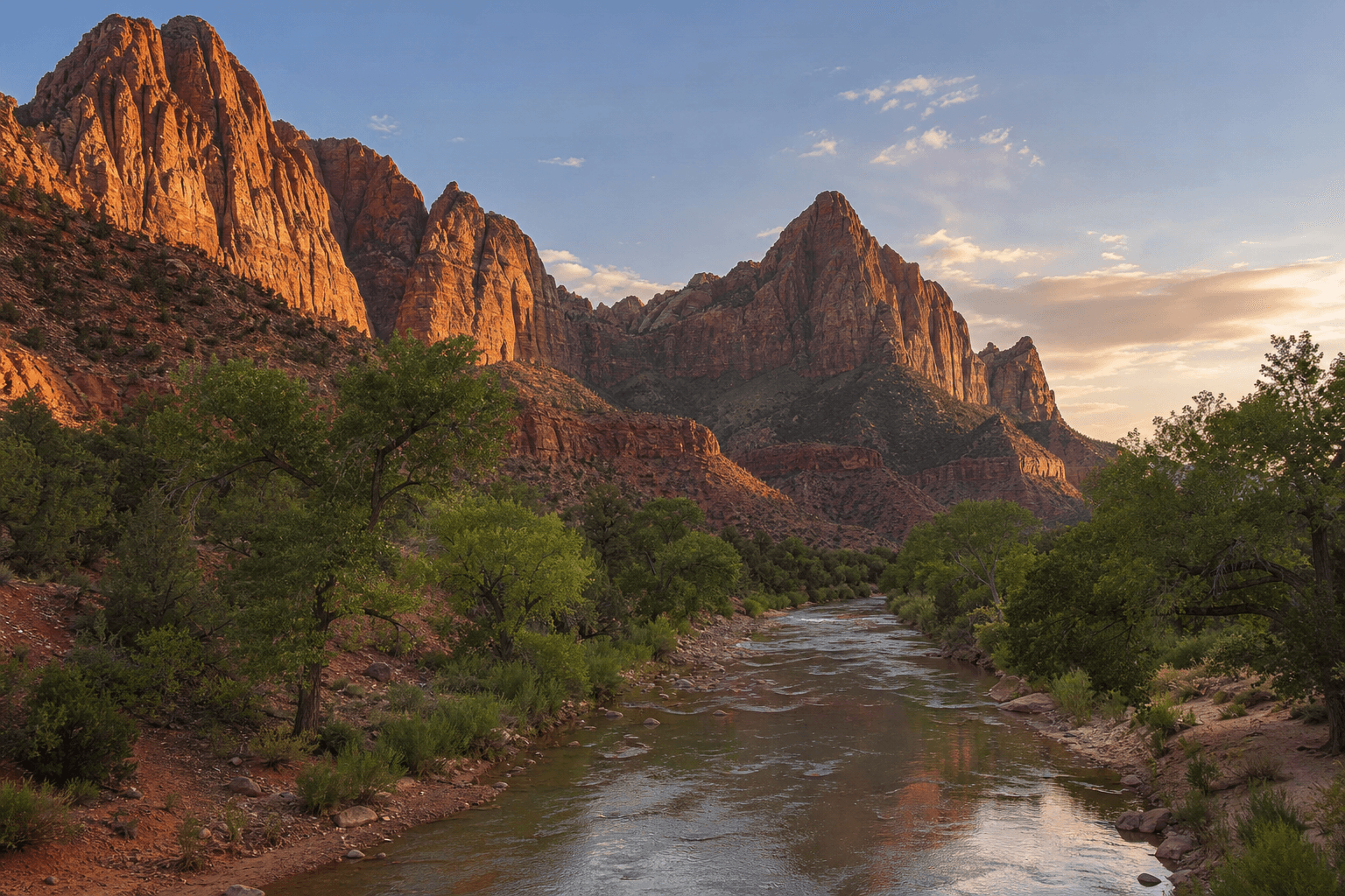Zion Canyon National Park in Utah at sunset with the Virgin River and red sandstone cliffs