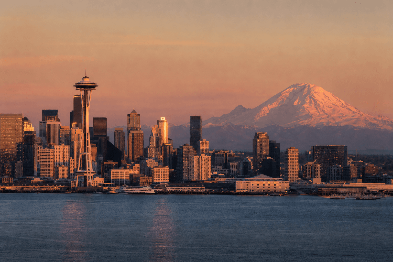 Seattle skyline at golden hour with Mount Rainier glowing behind the Space Needle