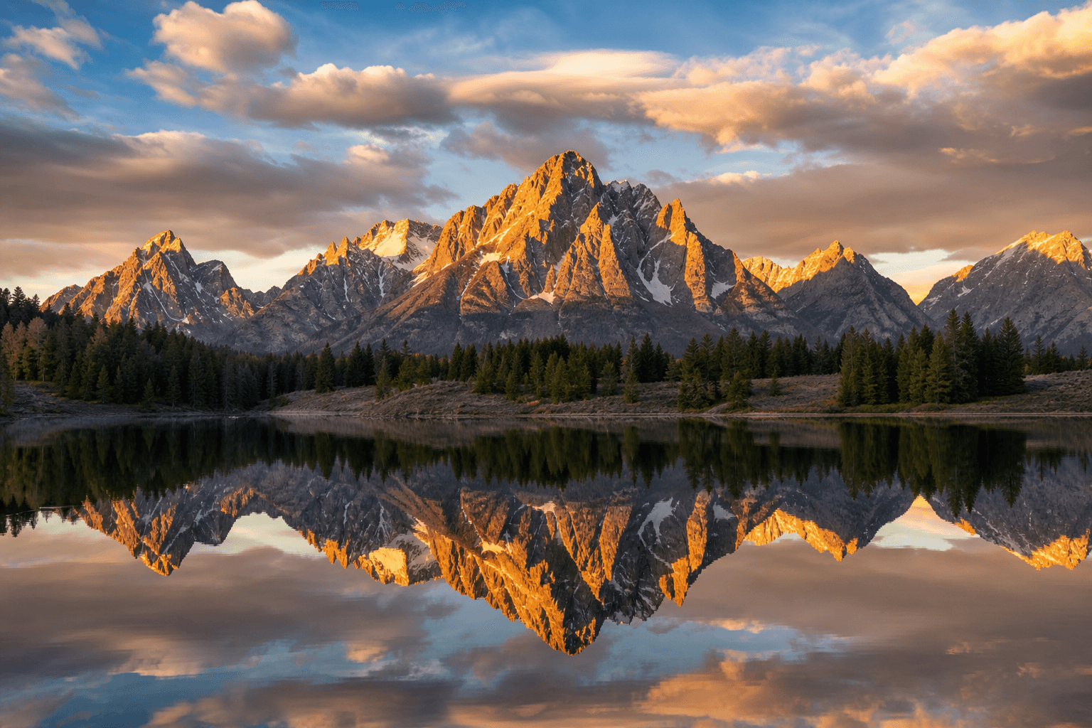Wyoming Grand Teton mountain range reflected in Jackson Lake at sunrise