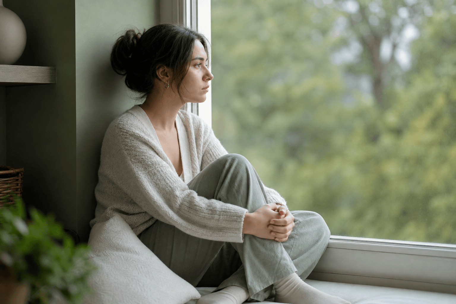 Young woman sitting by a window, struggling with anxiety