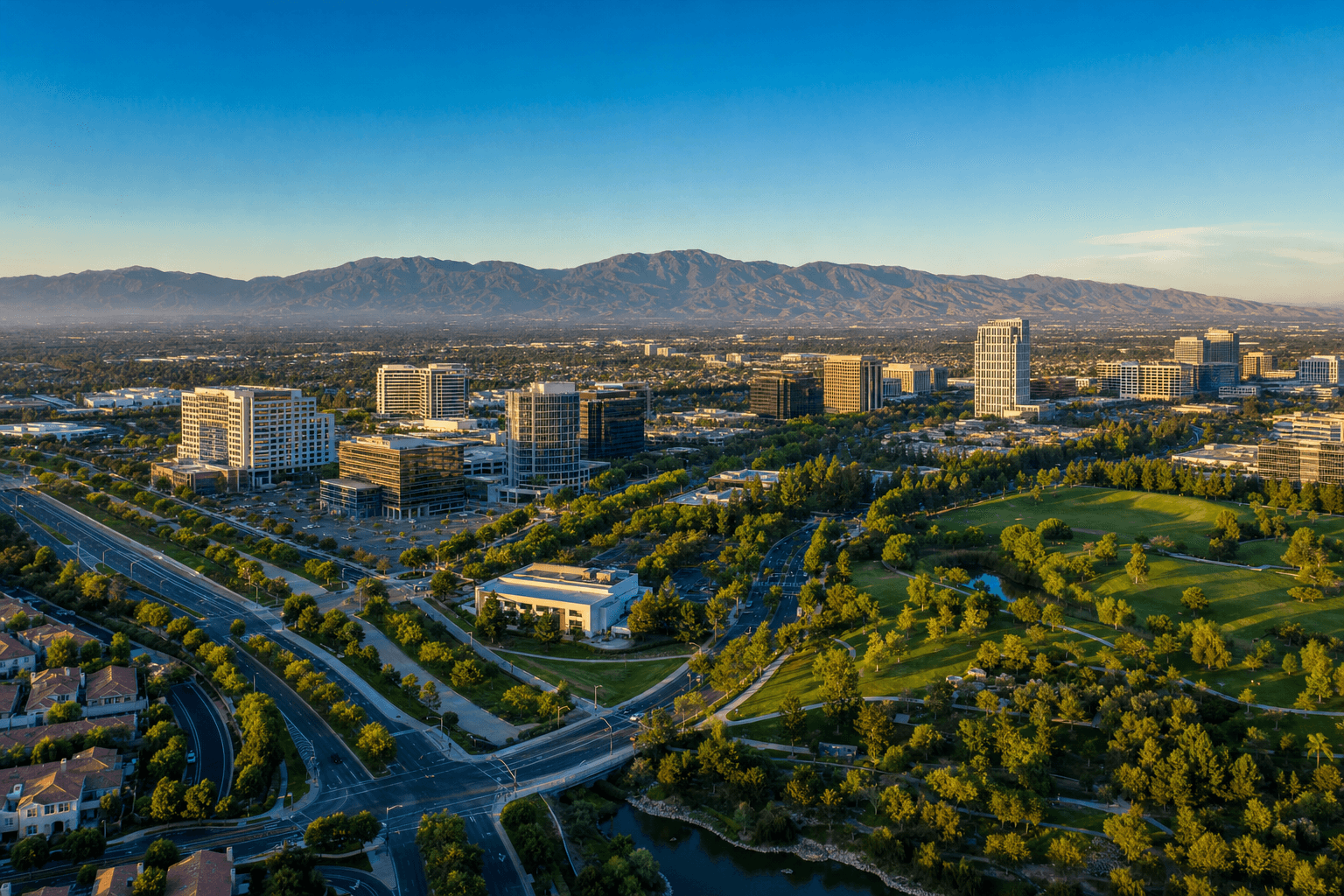 Irvine California master-planned neighborhoods with green parks and clear blue sky