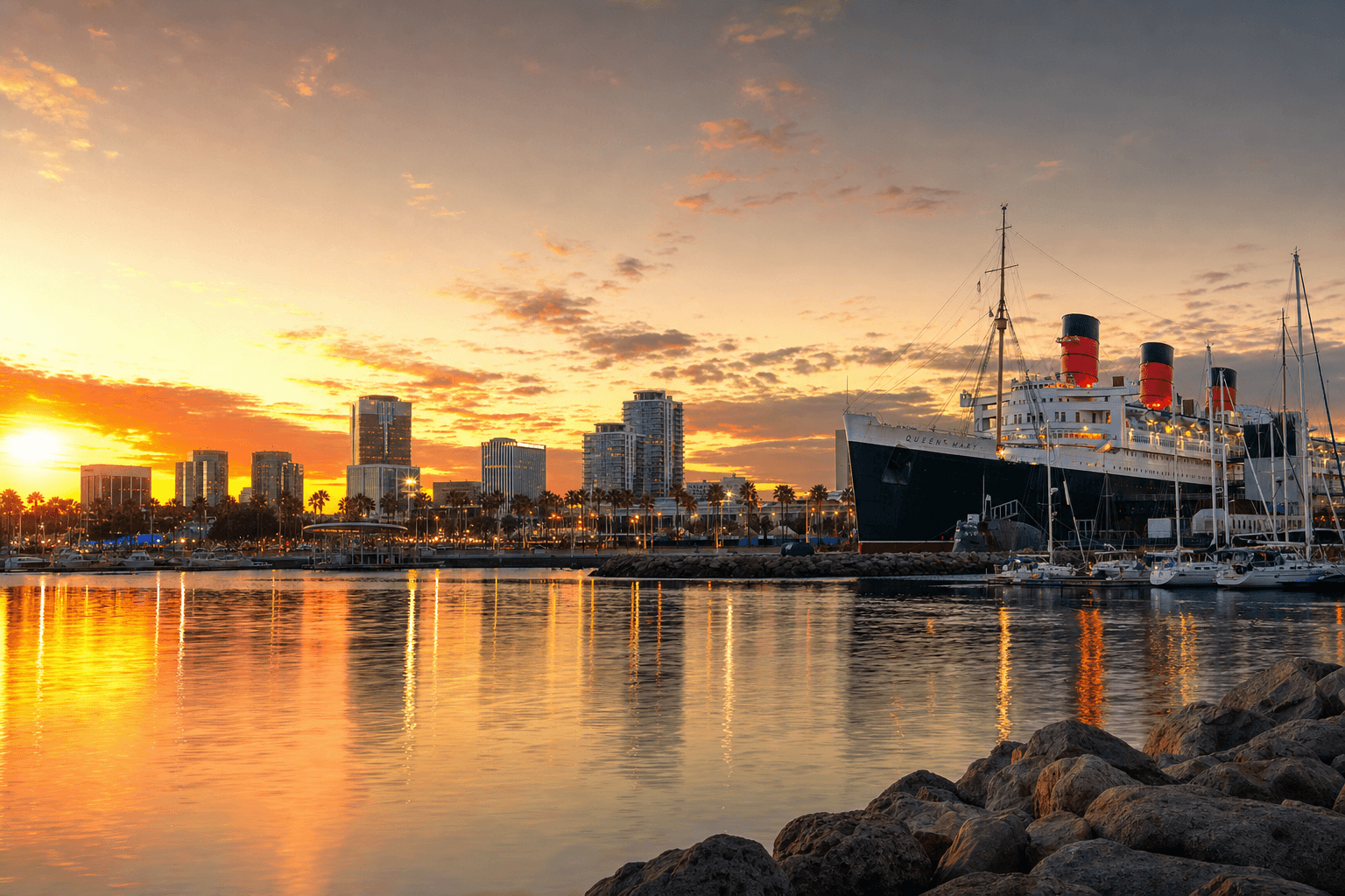 Long Beach California Queen Mary harbor at sunset with golden reflections