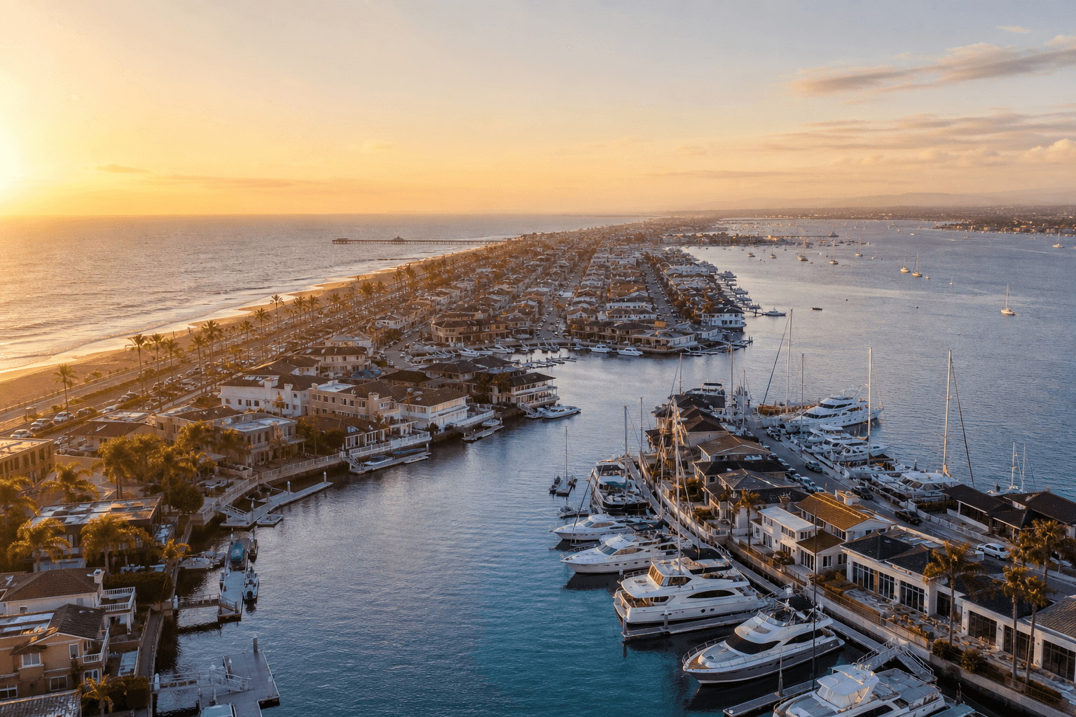Newport Beach harbor at sunset with luxury sailboats