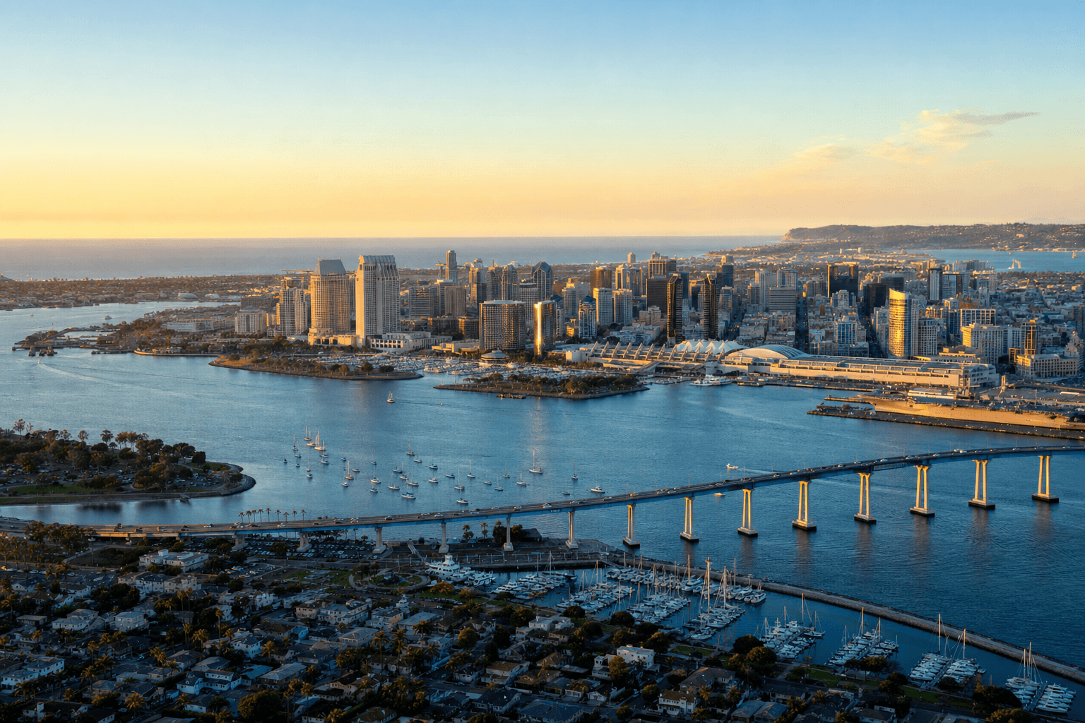San Diego coastline and Coronado Bay at golden hour