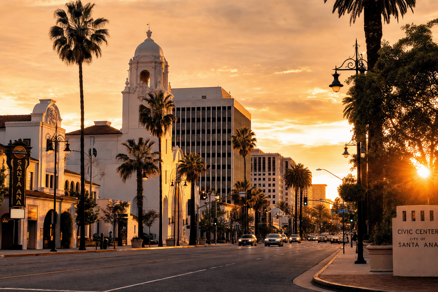 Santa Ana California downtown boulevard at golden hour with palm trees