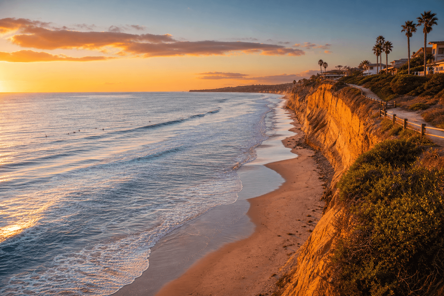 Solana Beach California coastal bluffs and Pacific Ocean at sunset