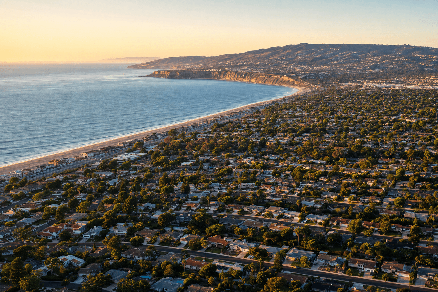 Torrance California residential neighborhoods with Palos Verdes Peninsula coastline at golden hour
