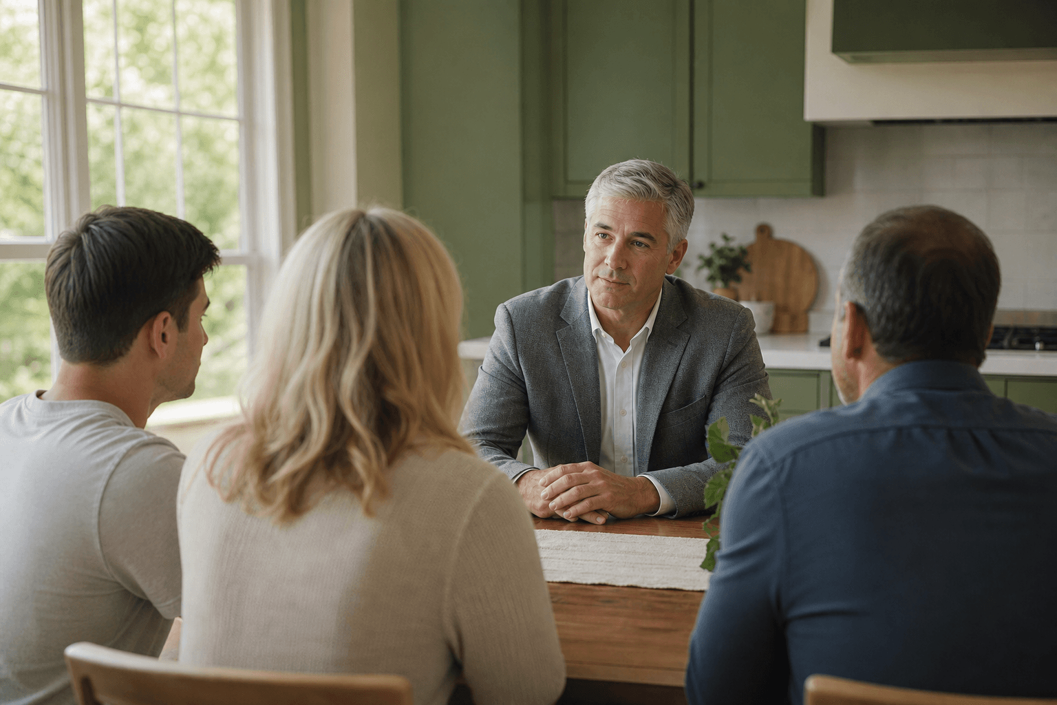 Addiction interventionist consulting with a family at a table