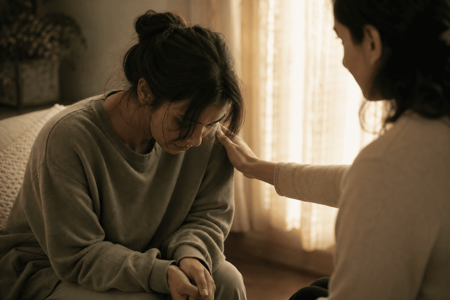 Person in distress receiving supportive comfort from a family member