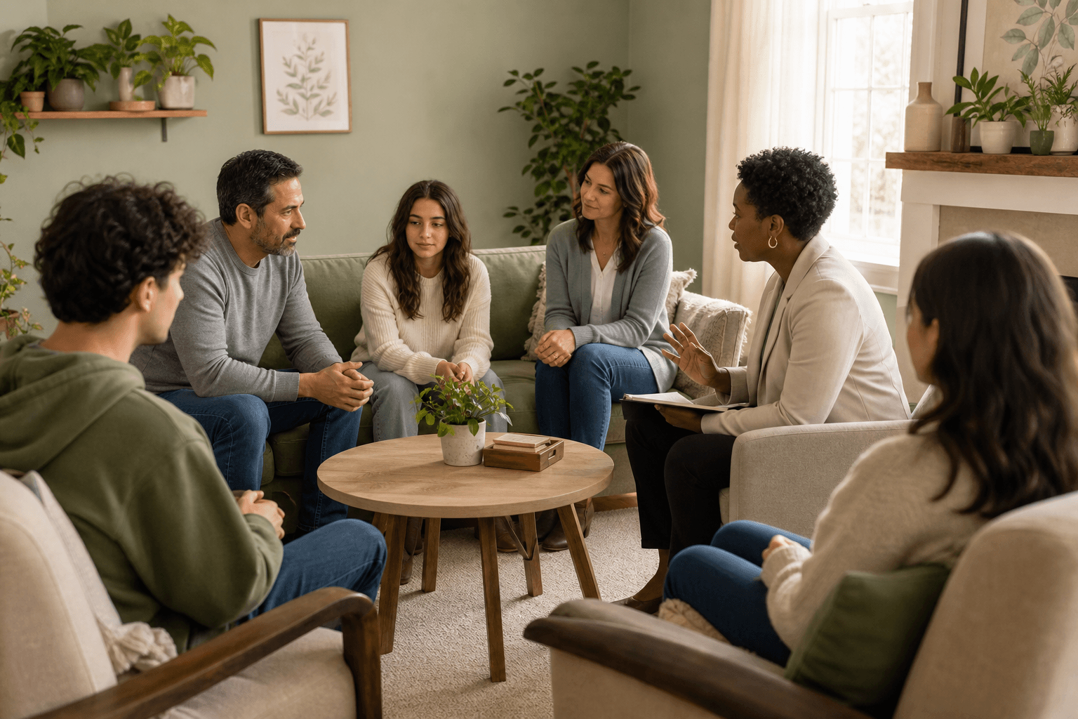 Family and counselor in a group discussion setting