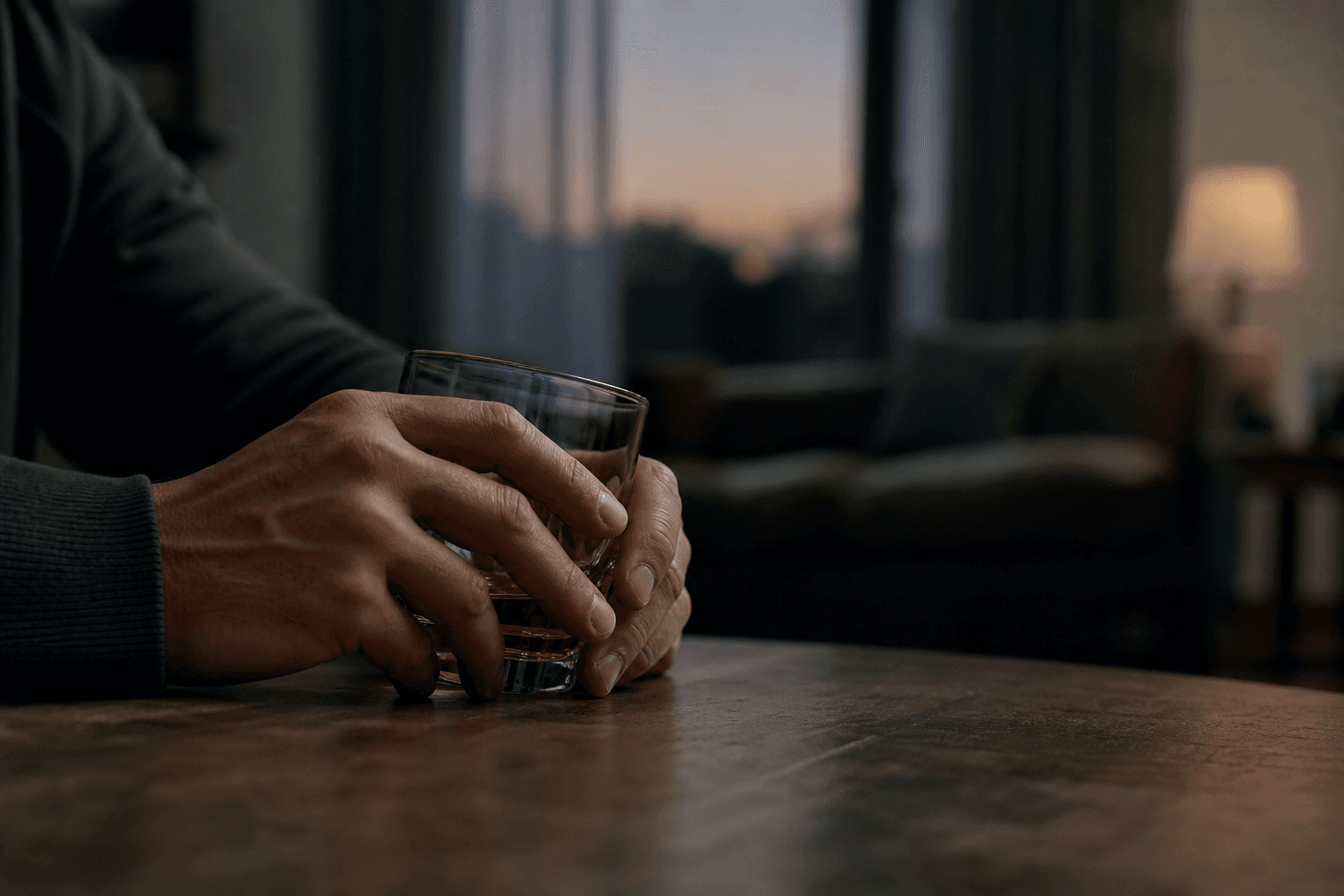 Person holding a glass of whiskey alone at dusk, struggling with self-medication
