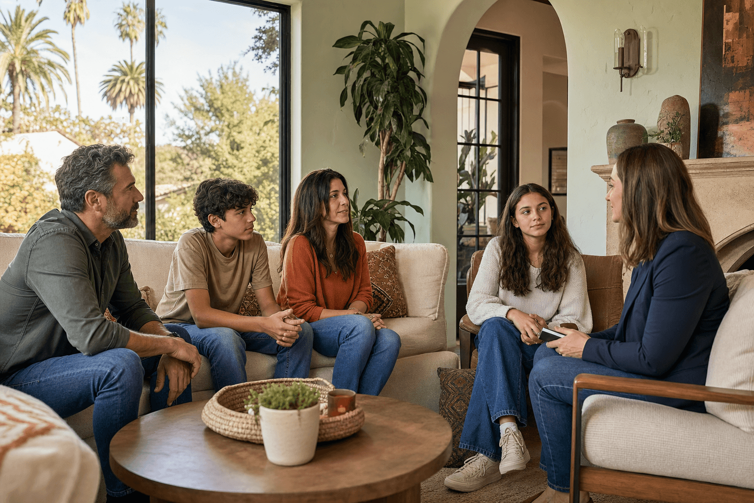 California family meeting with an interventionist in their living room