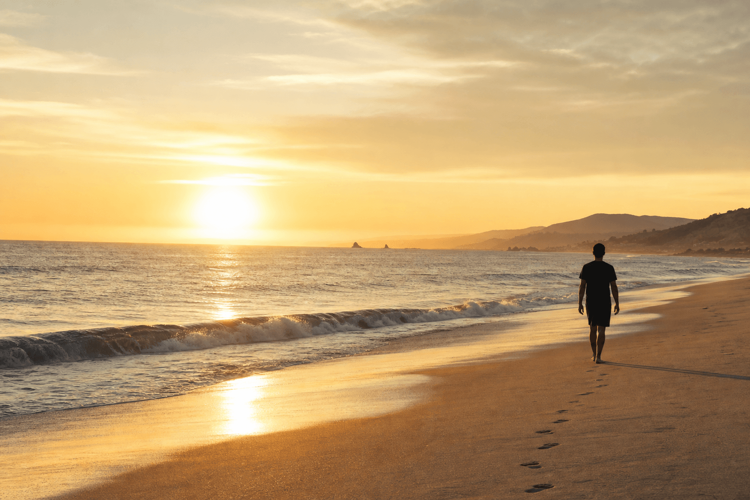 Person walking on a California beach at sunrise — symbolising recovery