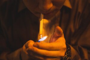 closeup of lighting a cigarette