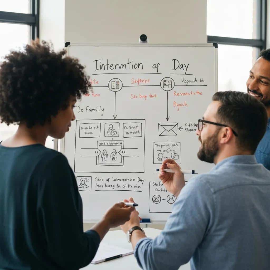 Family and interventionist reviewing the step-by-step timeline for an addiction intervention day