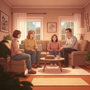 Family discussing addiction intervention in a cozy living room, highlighting support and compassion
