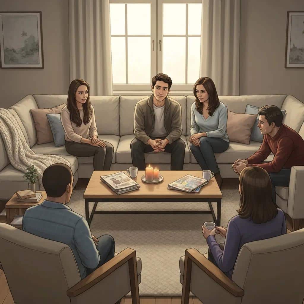 Family discussing addiction intervention in a supportive living room setting