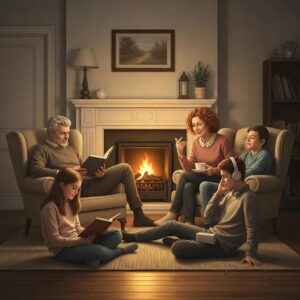 Family discussing addiction interventions in a supportive living room setting