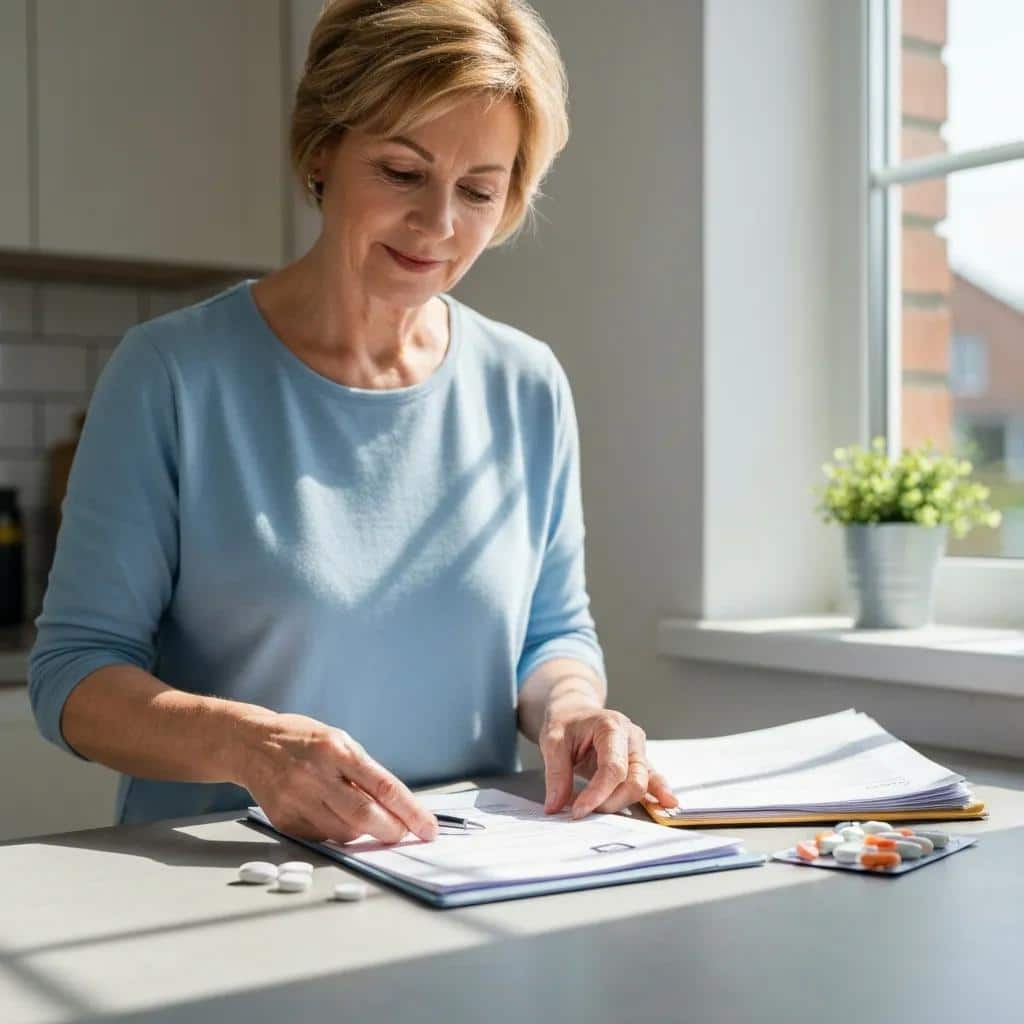 Family member preparing documents and medication for a loved one's treatment entry, emphasizing organization and support