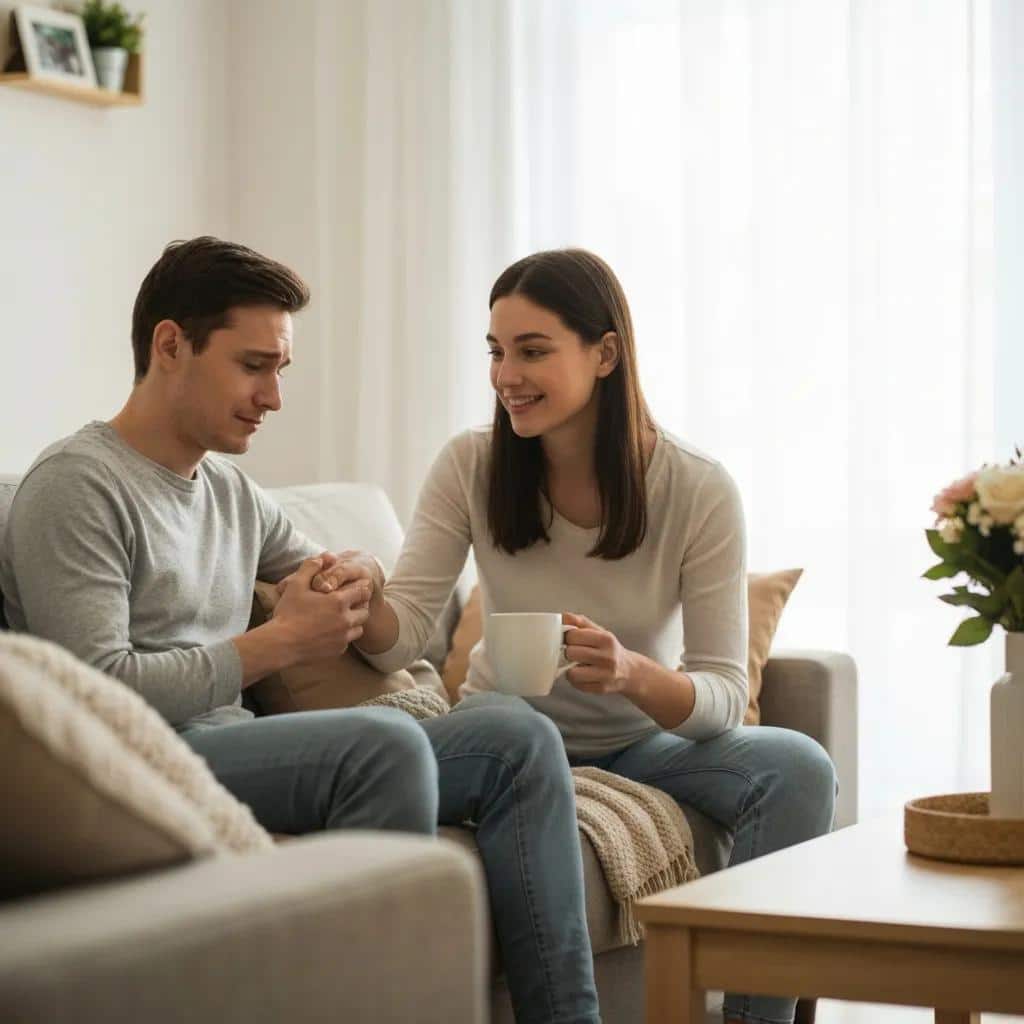Family member providing support to a loved one in a home setting