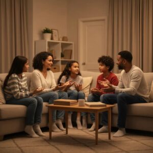 Family members discussing healthy boundaries in a supportive environment