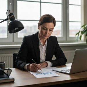 High-functioning executive in an office, illustrating the hidden struggles of addiction amidst professional success