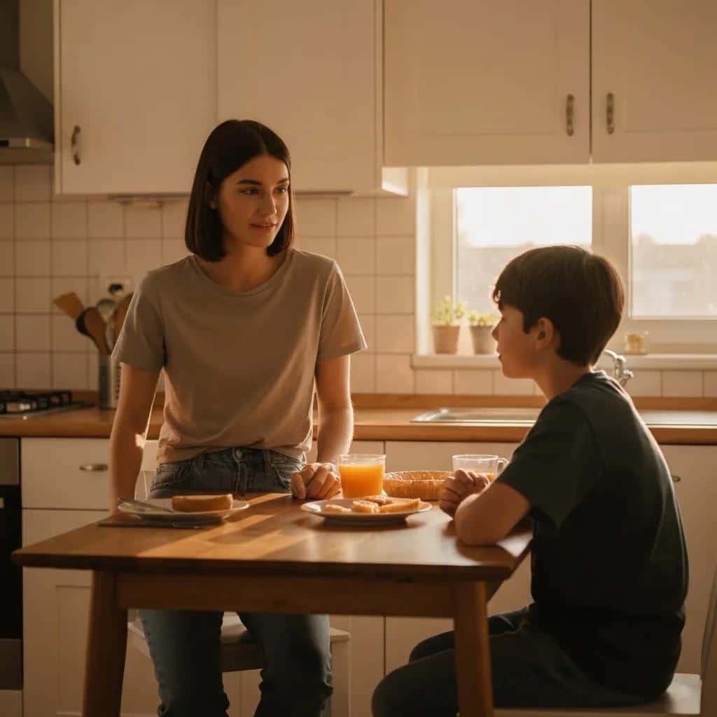 Sibling setting healthy boundaries during a conversation in a warm kitchen
