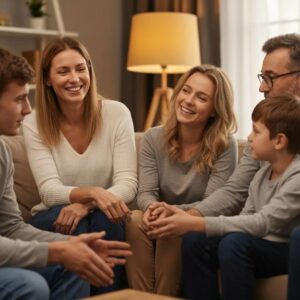 Siblings discussing addiction intervention in a supportive family setting