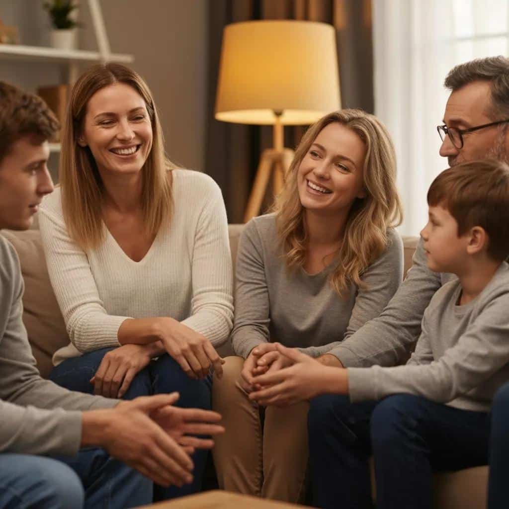 Siblings discussing addiction intervention in a supportive family setting