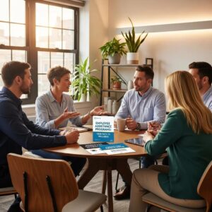 Diverse employees discussing workplace wellness and addiction recovery in a supportive office environment
