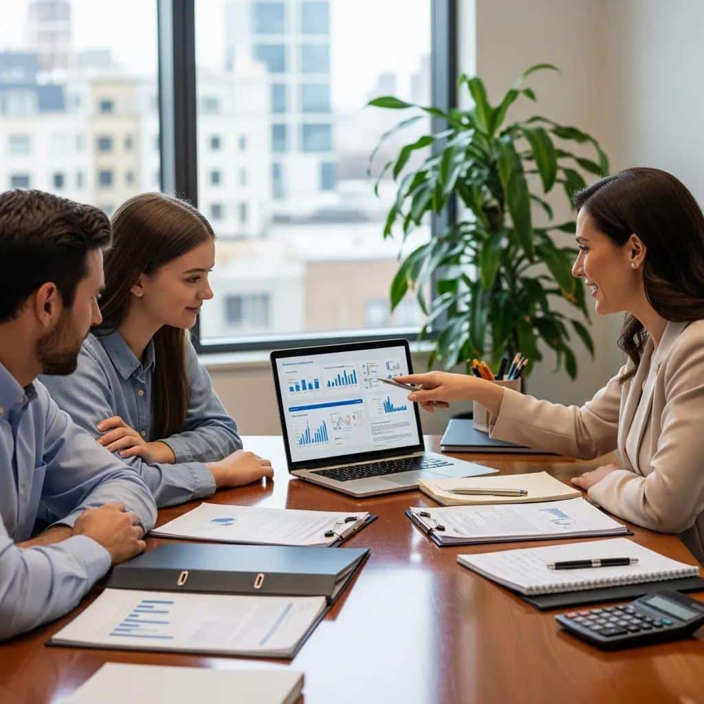 Family consulting with a financial advisor about assistance programs for addiction interventions