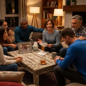 Family discussing a professional addiction intervention in a cozy living room setting