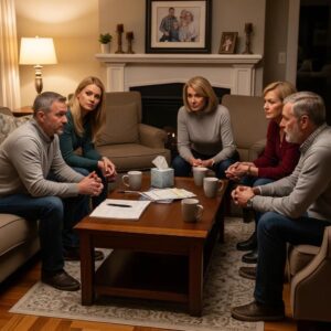 Family discussing addiction intervention process in a cozy living room