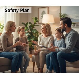 Family discussing an addiction intervention safety plan in a supportive living room setting