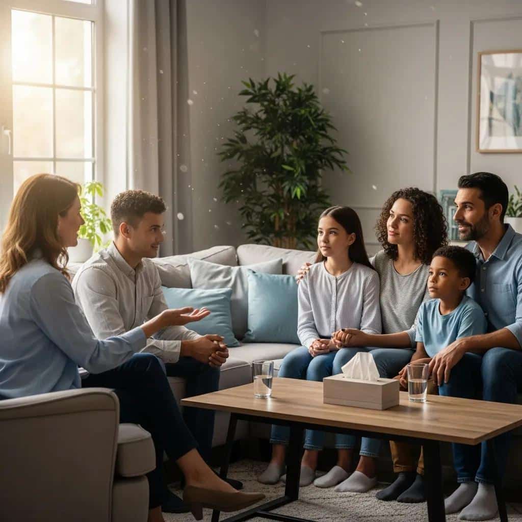 Family engaged in a therapy session, highlighting the importance of support and self-care in addiction recovery