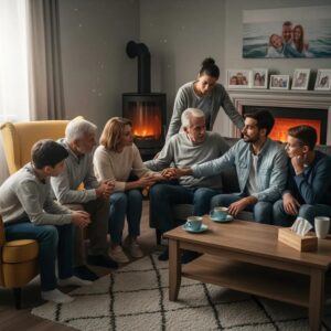 Family gathering in a supportive intervention setting, highlighting care and concern for a loved one facing addiction relapse