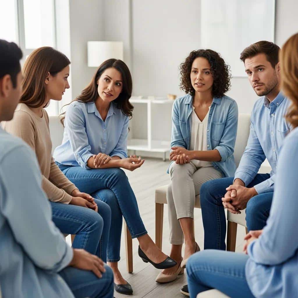 Family intervention meeting in progress with interventionist guiding discussion