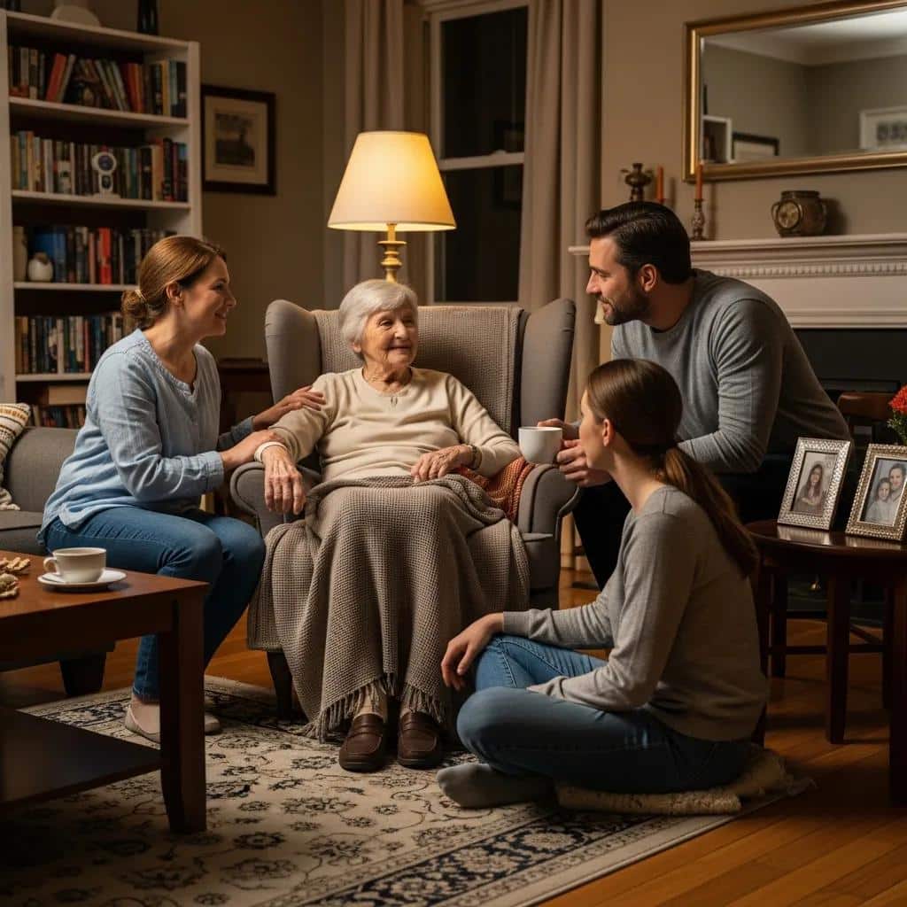 Family support during addiction intervention for an aging parent, emphasizing compassion and understanding