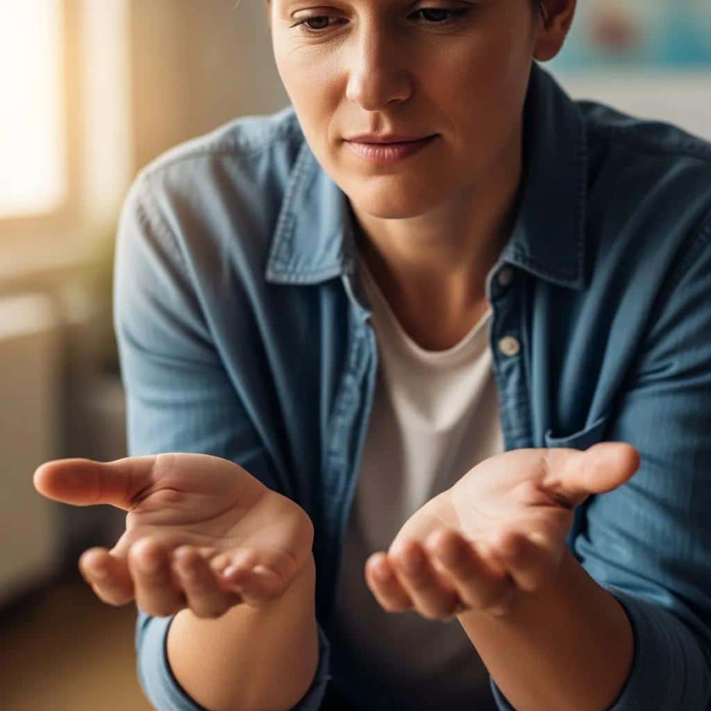 Individual using non-verbal cues to de-escalate a tense situation in a safe environment