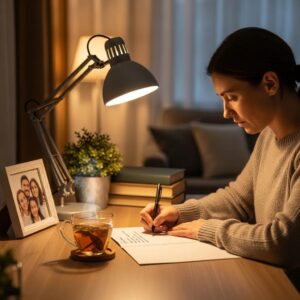 Person writing an intervention letter in a cozy setting, emphasizing compassion and care
